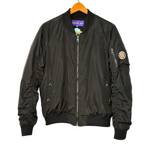 Madden Girl Jrs Sz L Satin Bomber Flight Jacket Rib Knit Trim Arm Patches Black